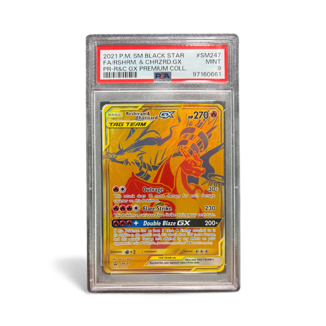 2021 Reshiram & Charizard GX – SM247 (PSA 9) – Full Art Promo