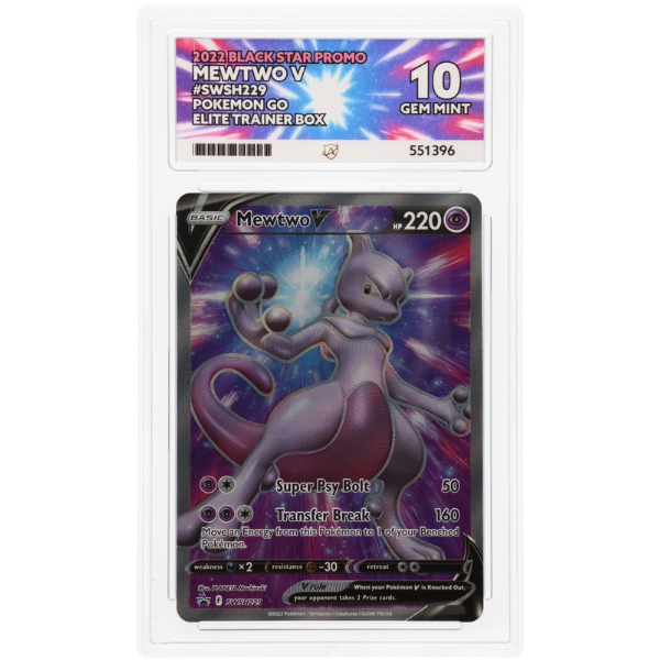 This is the Mewtwo V Black Star Promo, card number SWSH229, originally included in the Pokemon GO Elite Trainer Box. The card features Mewtwo in a dynamic, cosmic-themed design that ties directly into the Pokemon GO collaboration.