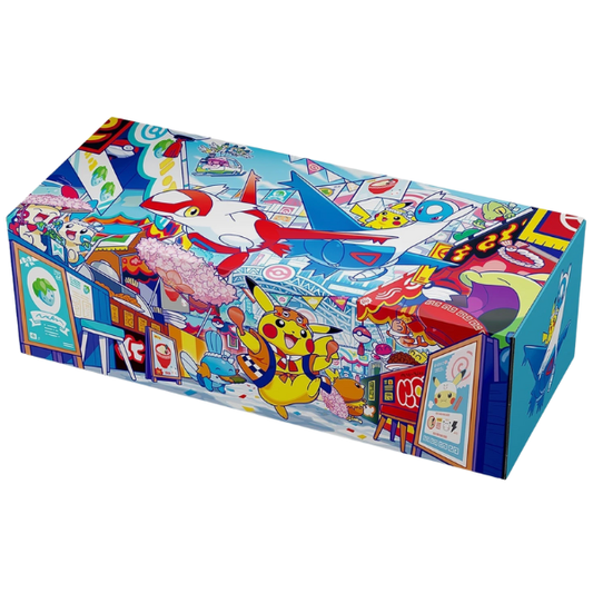 The Pokemon Center Japan Fukuoka Special Pikachu Box is a Japanese-exclusive Pokemon TCG product released to celebrate the opening of the Pokemon Center Fukuoka. This collection is highly sought after due to its limited availability and exclusive contents.

The box includes a Shiny Pikachu promo card featuring unique Fukuoka-themed artwork, along with a matching deck box, card sleeves, and a storage box, all designed exclusively for this release. All items f